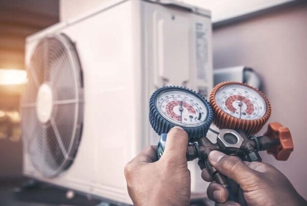 HVAC Contractor Insurance - HVAC Mechanic Using Pressure Gauge Equipment for Home Air Conditioner After Maintenance and Checking Outdoor Air Compressor Unit