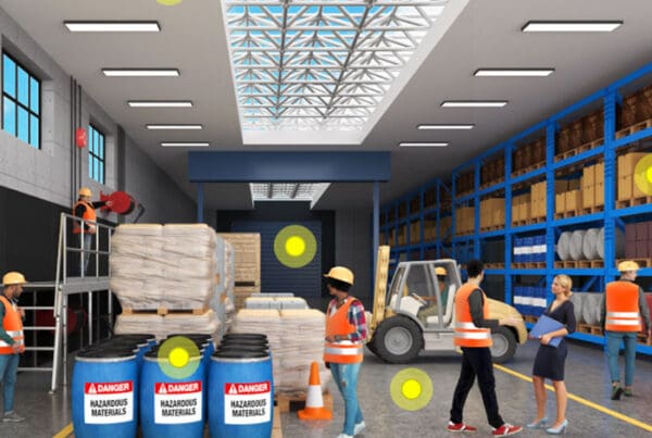 Clickable Coverage - Warehousing and Logistics Scene of Warehouse Workers in a Warehouse with Forklifts and Equipment
