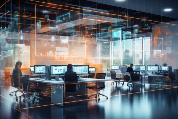 Homepage - View of a Room of Employees Working in a Data Center Room with Computers in Cyber Security Concept