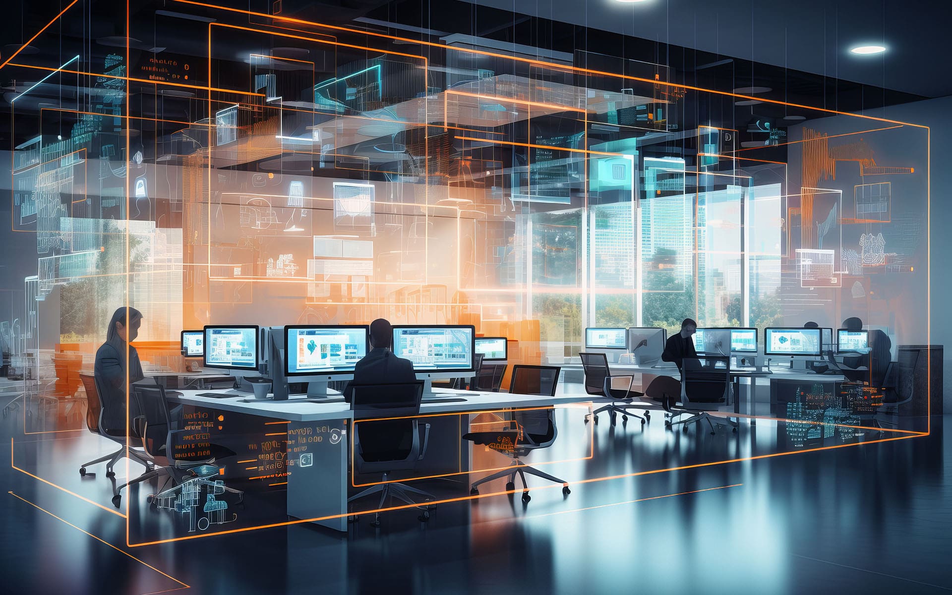 Homepage - View of a Room of Employees Working in a Data Center Room with Computers in Cyber Security Concept