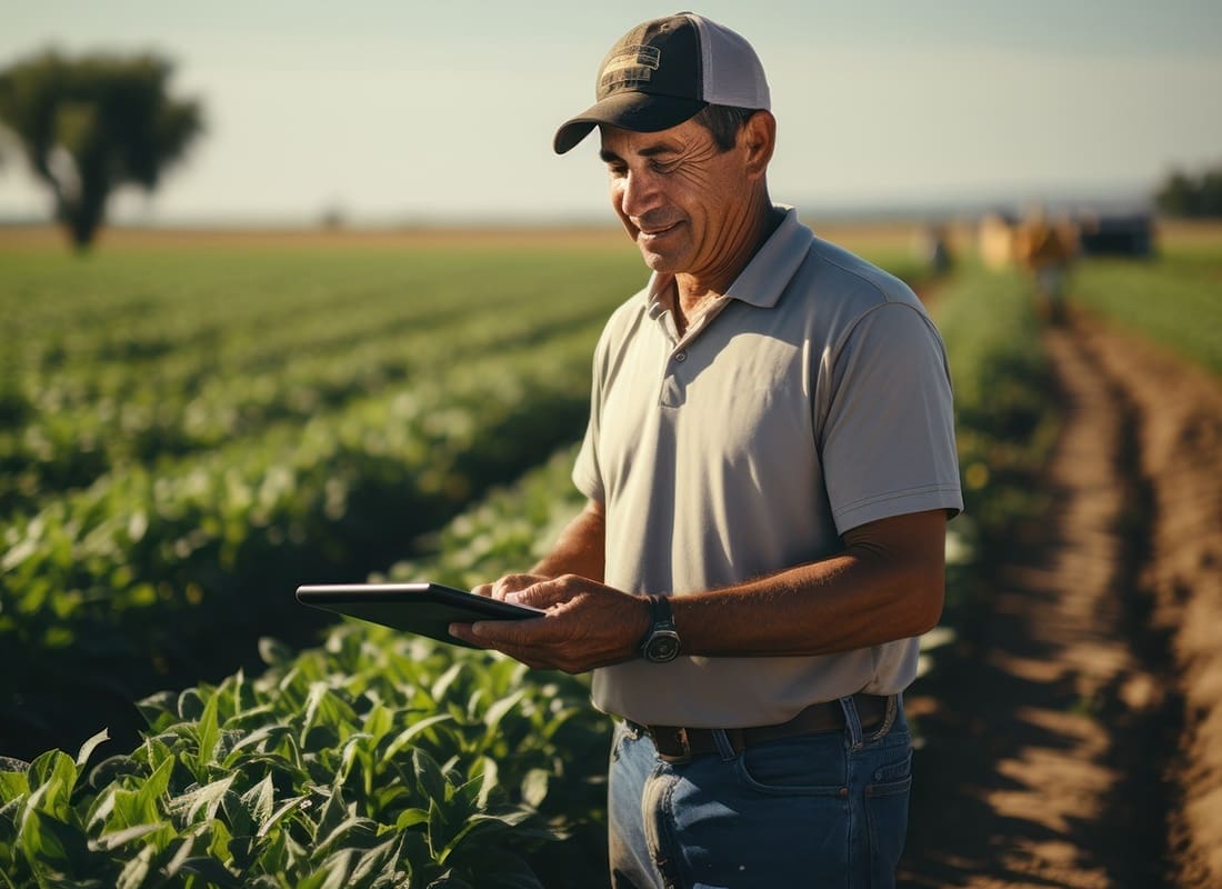 Insurance by Industry - Closeup Portrait of a Middle Aged Man Using a Tablet While Standing on a Farm Field with Crops