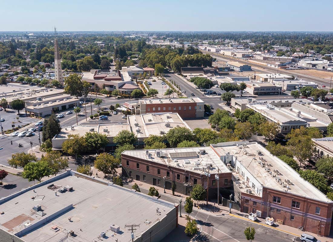 Turlock, CA - Aerial View of Commercial Buildings on a Sunny Day in Downtown Turlock California