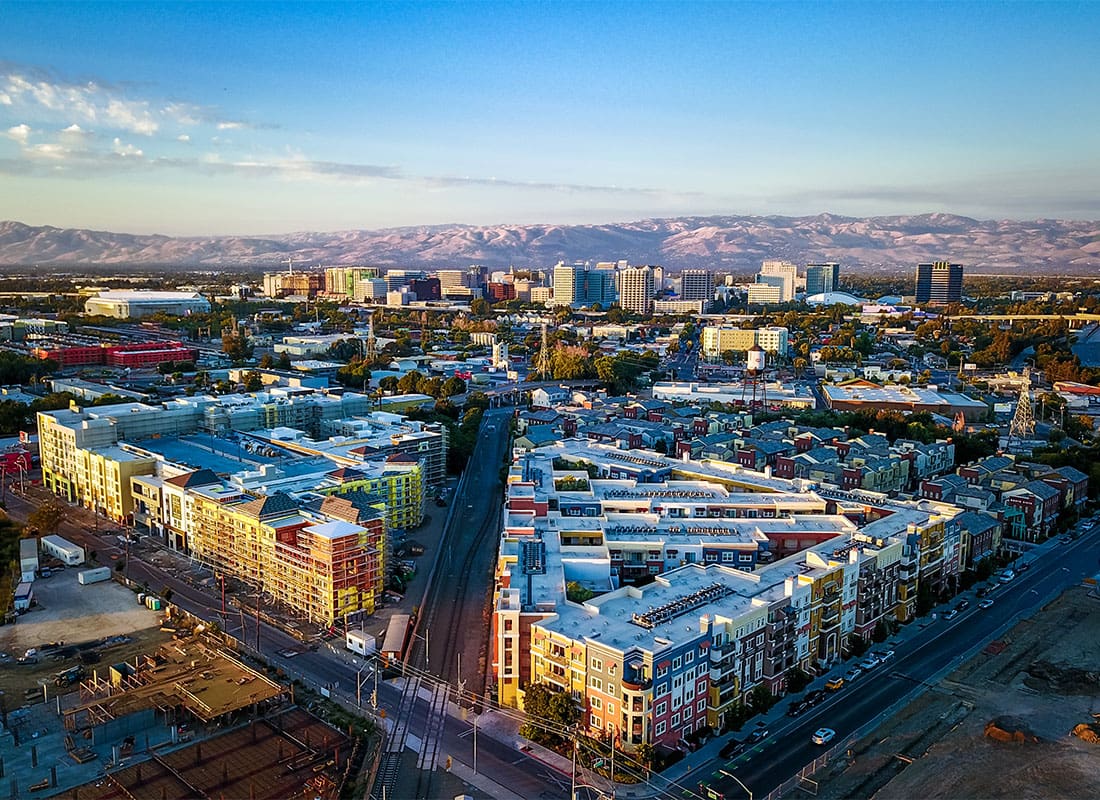 San Jose, CA - Beautiful Aerial View of Sunset Over Downtown San Jose in California